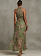Vestido largo floral con cuello halter y cintura drapeada- Sophie