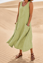 Vestido largo mujer sin mangas escote redondo bolsillos - Tina