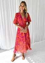 Vestido midi mujer estampado floral manga abullonada - Katy