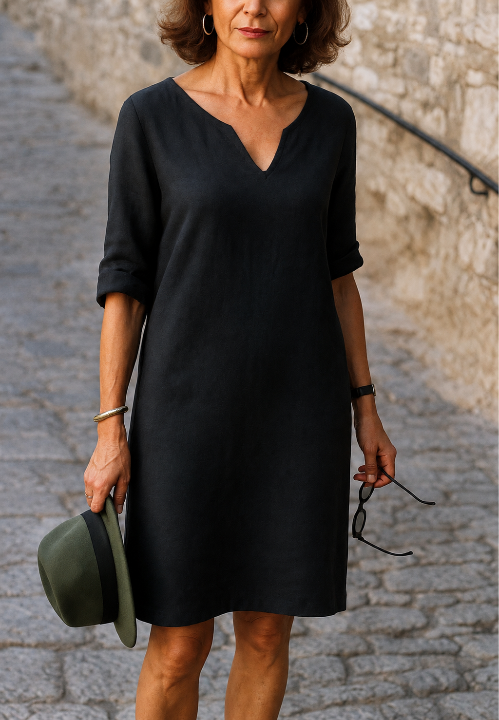 Vestido casual para mujer con escote en V y manga francesa - Elvy